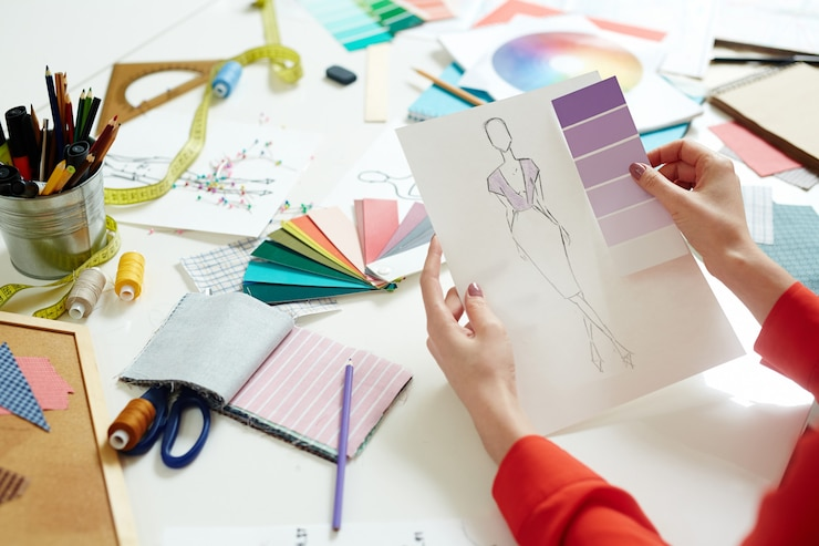 Modedesignerin entwirft und wählt Stoffmuster aus.png